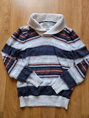 Men's Shawl Collar pullover sweater - Navy, Cream, and Burgundy stripes - Medium